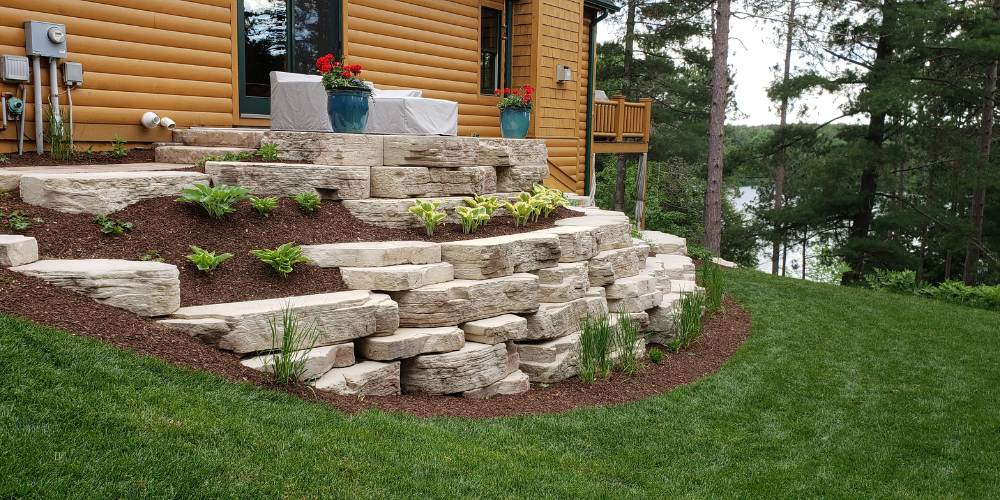 retaining wall with plantings and seating area