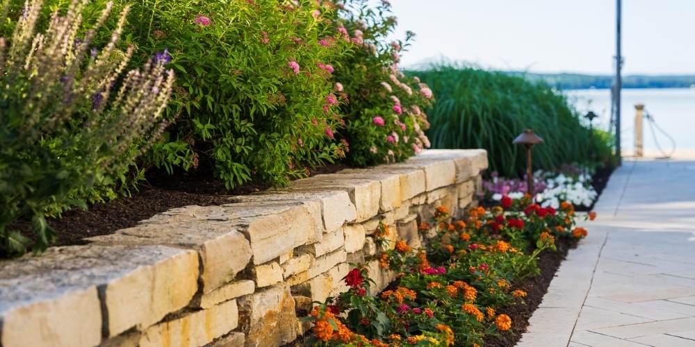 layered plantings along walkway 