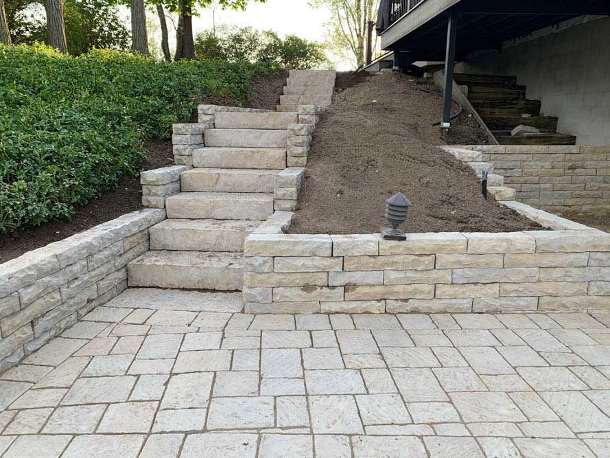 Steps, retention wall, and patio