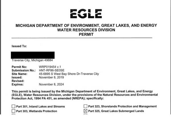 Sample EGLE permit for shoreline work in michigan