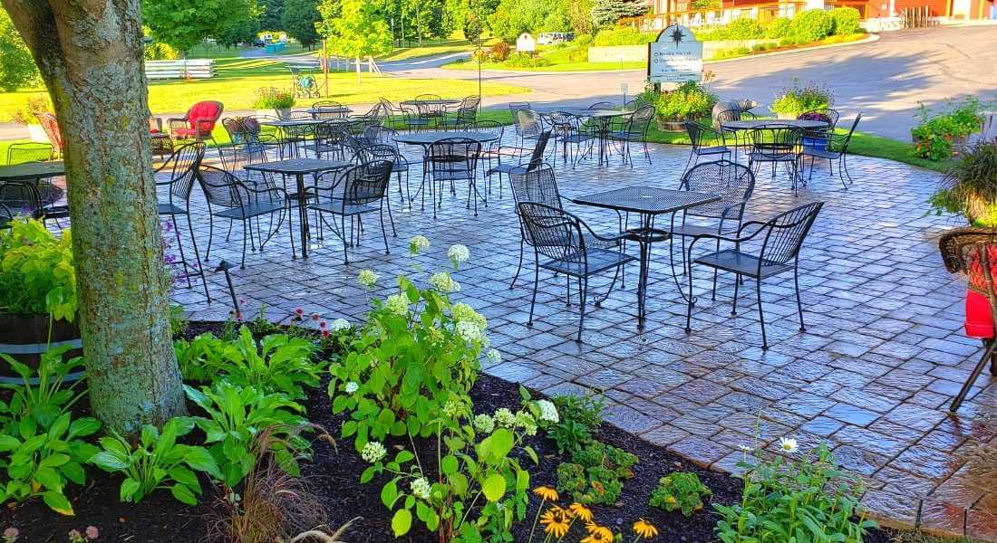 patio at blackstar farms with landscape bed plantings