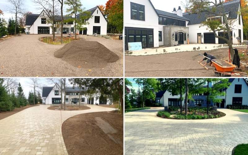 circular driveway construction with plantings
