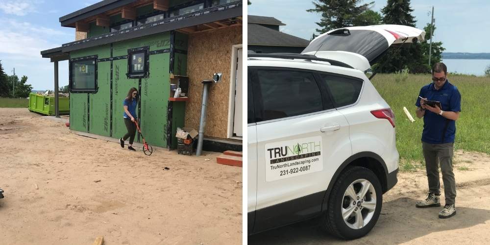 landscape designers take measurements and notes at jobsite