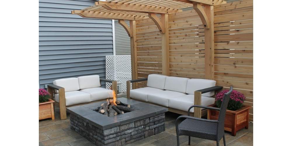 patio and firepit with pergola