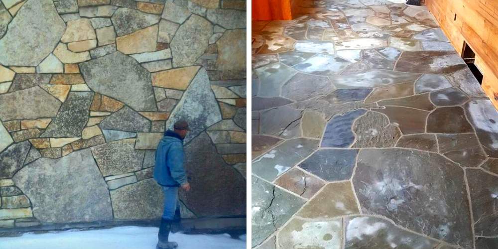 stone mason work on outside of home and flooring in entry