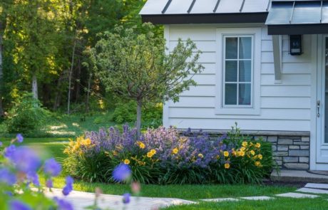 small tree lavender and day lillies in landscape bed in front of small home