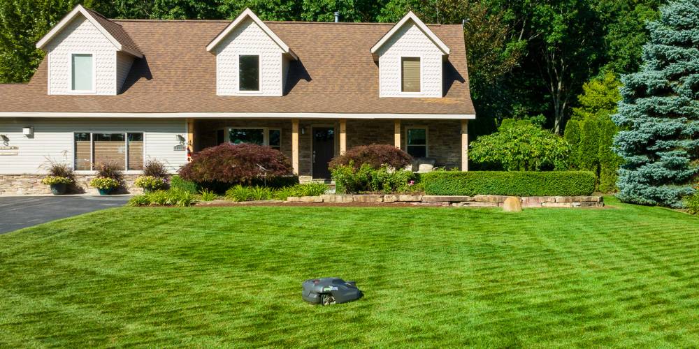 robotic lawn mower cutting grass in front yard of home