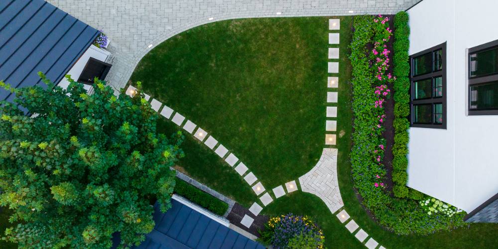 overhead photo of landscape lighting in walkway