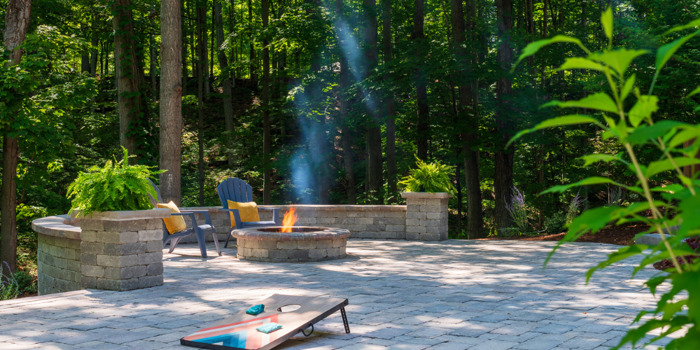 firepit with seating and seat wall on patio