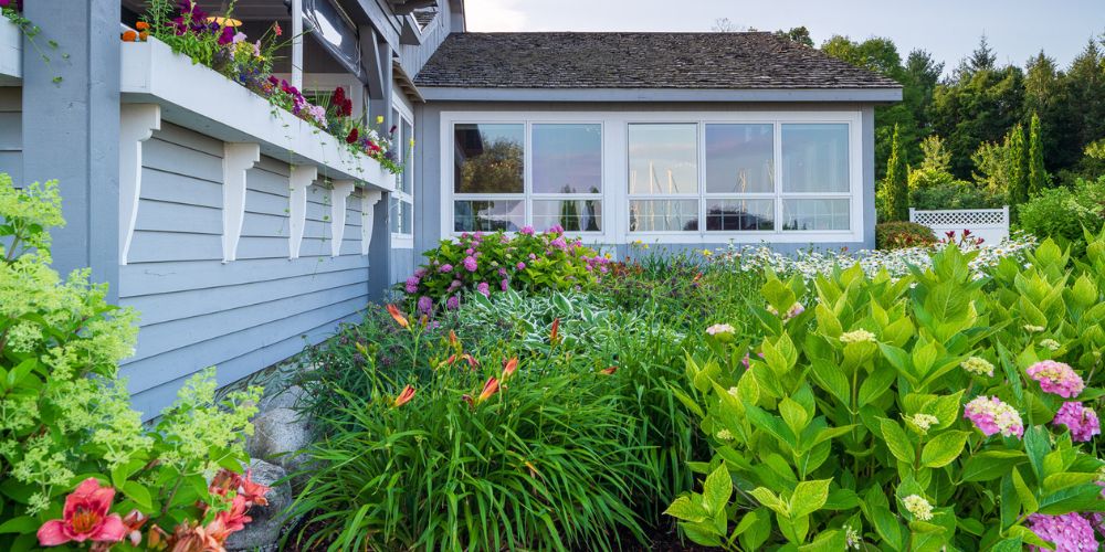 layered plantings and annuals at commercial property