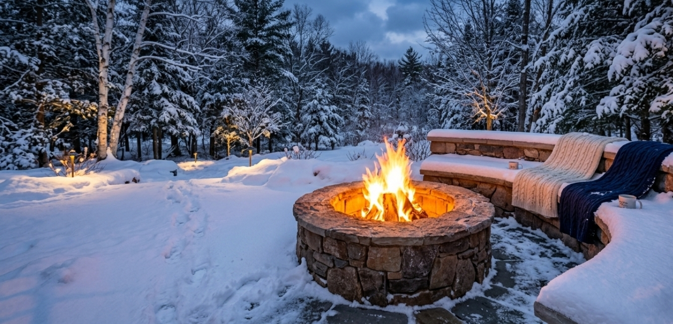 outdoor-stone-fireplace-winter-backyard-design outdoor stone fireplace winter backyard design